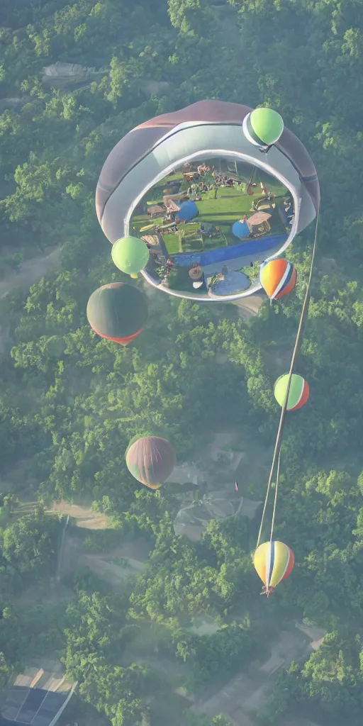 Prompt: An aerial tennis court, suspended by a giant tennis ball-shaped hot air balloon, Castle in the Sky style, by Miyazaki Hayao