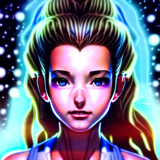 Image similar to photorealistic coherent image of a bemused aerith at the jupiter base, portrait, complex artistic color ink pen sketch illustration, full detail, gentle shadowing, fully immersive reflections and particle effects, concept art by artgerm