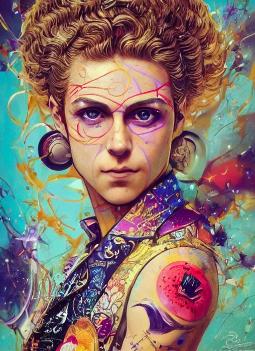 Image similar to beautiful portrait of Giorno Giovanna JoJo, by Tristan Eaton, Stanley Artgermm, Tom Bagshaw, Greg Rutkowski, Carne Griffiths. trending on DeviantArt, face enhance, hyper detailed, trending on Artstation, 8k, masterpiece, graffiti paint, fine detail, full of color, intricate detail, golden ratio illustration