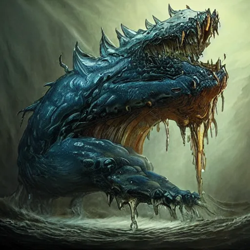 Prompt: A water elemental monster, feral, horrific, drawn by Keith Thompson, fantasy art, dramatic lighting, digital art,highly detailed