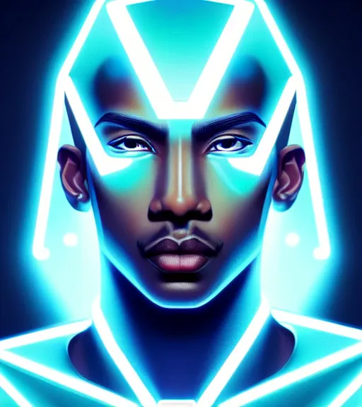 Image similar to symmetry!! egyptian prince of technology, solid cube of light, hard edges, product render retro - futuristic poster scifi, lasers and neon circuits, brown skin man egyptian prince, intricate, elegant, highly detailed, digital painting, artstation, concept art, smooth, sharp focus, illustration, dreamlike, art by artgerm