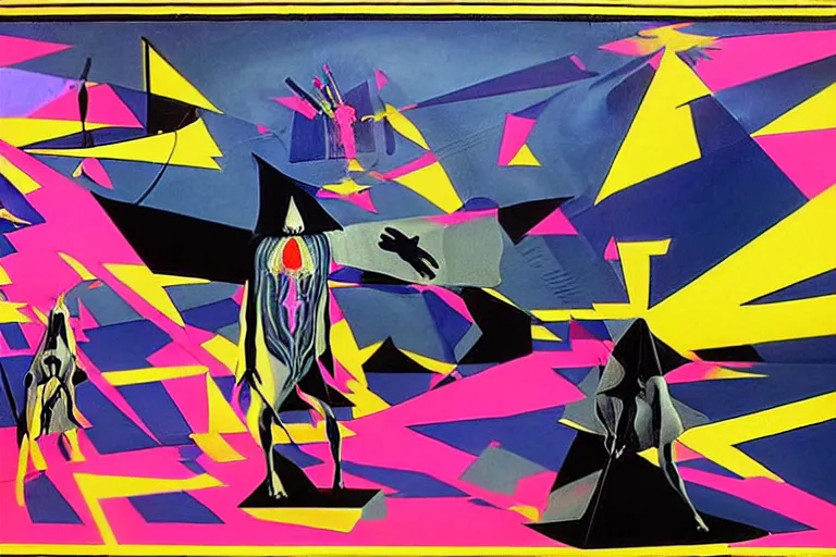 Prompt: a beautiful masterpiece painting of the technomancer wizard in dazzle camouflage robes with pointed hoods and his ai djinn performing psychic television on a crt tv by remedios varo and anato finnstark and greg rutkowski and andy warhol and francis picabia, dayglo pink, dayglo blue, dazzle camouflage, glowing, pearlescent white, raven black