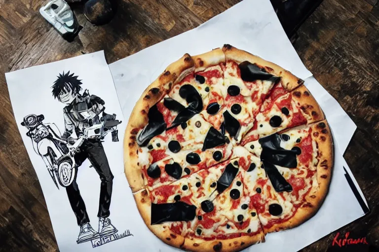 Prompt: italian pizza, akira's motorcycle, gorillaz, poster, kid drawn