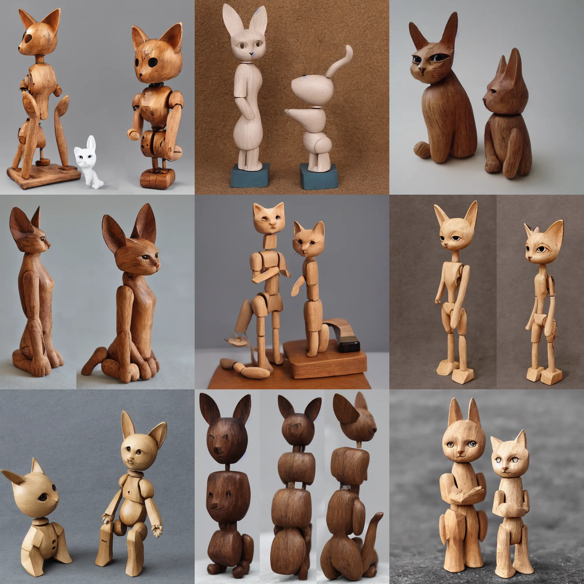 Prompt: realistic a wooden sculpture, art toys collection on a pedestal, a very cute figurine robot retrofuturiste cat's ears in a zen rebelle