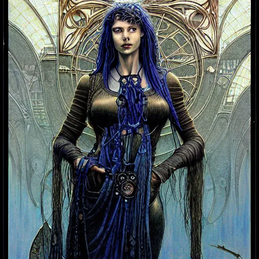 Prompt: a portrait of a resolved and smart female art nouveau cyberpunk shaman by john howe, ted nasmith and luis royo