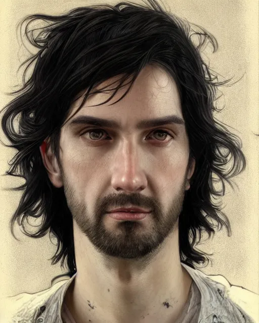 Prompt: portrait of tall, 3 3 - year - old handsome man with long dirty black hair, and grey eyes, wearing black clothes, hyper realistic face, beautiful eyes, close up, fantasy art, in the style of greg rutkowski, intricate, alphonse mucha, hyper detailed, smooth