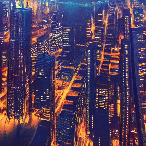 Prompt: nighttime cityscape photo shot from helicopter ultradetailed 8 k oil painting masterpiece trending on artstation