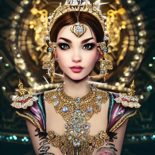 Image similar to portrait of pretty princess with perfect skin, glowing, ornate and intricate diamond jewelry, jaw dropping beauty, ornate and intricate backdrop, white accent lighting, hyper detailed, 4 k octane render