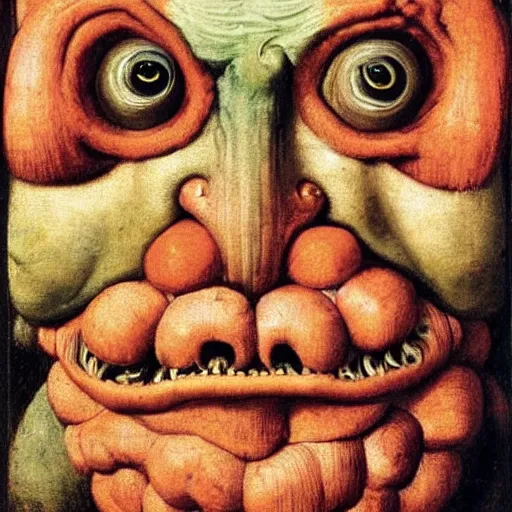 Prompt: detailed vivid colours dutch renaissance painting of distorted deranged humanoid monster, wrinkly skin with hairy face and animal face ugly