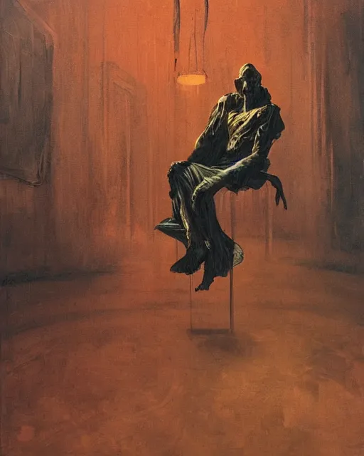 Prompt: Expressionism, oil painting overhead dark fleshy figure seated in agony alone inside an empty dark ballroom in the style of Francis Bacon, Ayami Kojima, Amano, Karol Bak, Greg Hildebrandt, and Mark Brooks, dimly lit interior room, Greg Rutkowski and Francis Bacon, perfect smile