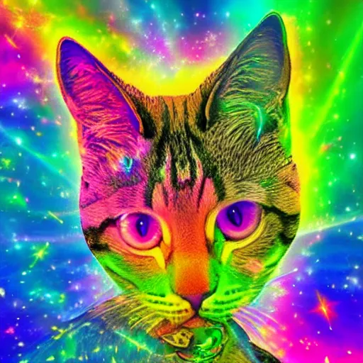 Image similar to psychedelic Lisa frank psychic cat overtaking the world which begins to shatter all around it as it opens its third eye for the first time chromatic aberration in the rising pieces of the crumbling earth