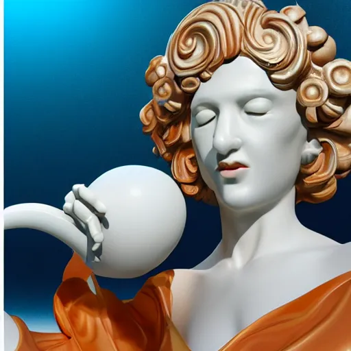 Image similar to close - up of white reneissance statue holding a coctail, colorful coctail, digital painting, 3 d render