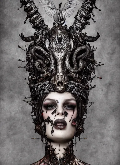 Prompt: a portrait of female by stefan geselle and nekro borja, photorealistic, intricate details, hyper realistic, fantasy, elegant, baroque, horn, ram skull headpiece, photorealistic, photography, symmetrical features, symmetrical pose, wide angle shot, feet on the ground, wearable art, unreal engine