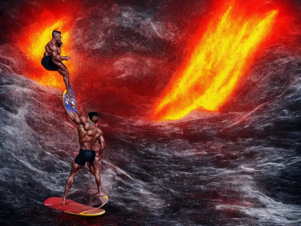 Prompt: portrait of a bodybuilder on surfing board inside erupting volcano, lava splashes, stunning scene, 8 k, extremely detailed digital painting, depth, bright colors, trending on artstation