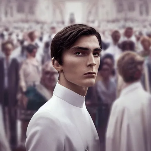 Prompt: portrait of a regal prince with sharp cheekbones, white clothes, high collar, close up, wistful melancholic expression, super details, crowd of angry people out of focus in the close background, modern digital art, matte painting, science fiction