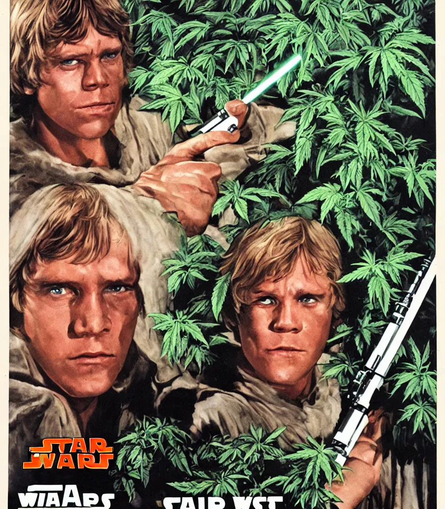 Image similar to vintage 1 9 7 7 star wars episode iv a new hope movie poster, of luke skywalker with bloodshot eyes smoking a huge blunt, surrounded by cannabis plants