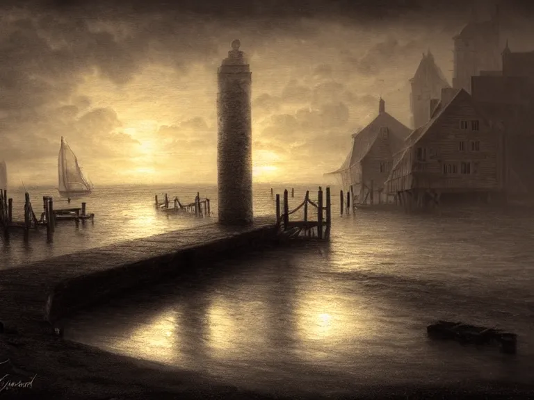 Image similar to a forgotten wharf on a cold sea by zacharias aagaard and magali villeneuve and ruth deckard and hubert robert, crisp details, hyperrealism, high contrast, low light, bokeh, short focal length, desaturated, grey mist, cobblestones, orange candle flames