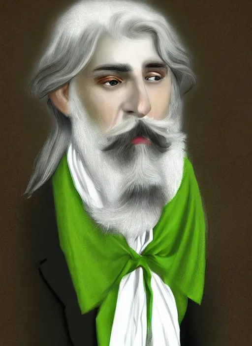 Image similar to an old french baron, long hair, wear an elegant mustach, white scarf, green shirt by artgem, digital art, highly detailled