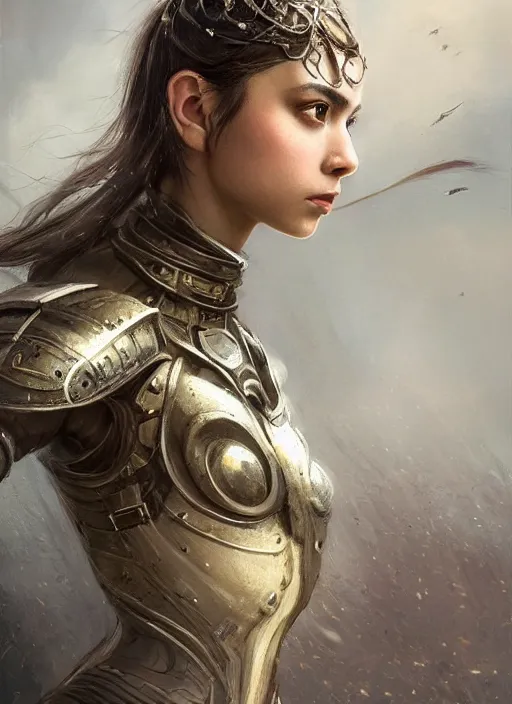 Image similar to a professional portrait of a beautiful young female, clothed in ethereal battle armor, olive skin, long dark hair, beautiful bone structure, symmetrical facial features, intricate, elegant, digital painting, concept art, smooth, sharp focus, finely detailed, illustration, from Valerian and the City of a Thousand Planets, in the style of Ruan Jia and Mandy Jurgens and Artgerm and Greg Rutkowski and William-Adolphe Bouguerea