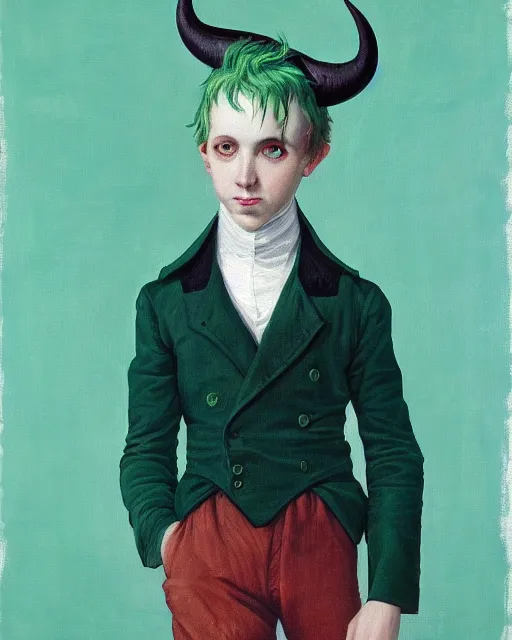 Prompt: a contemporary painting of a portrait of a boy with mintgreen hair and two devil horns and an eye patch by Caspar David Friedrich, Trending on ArtStation, brown blue color scheme