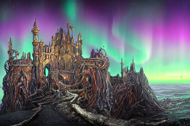 Image similar to highly detailed photoreal eldritch biomechanical castle on a cliff, aurora borealis, psychedelic