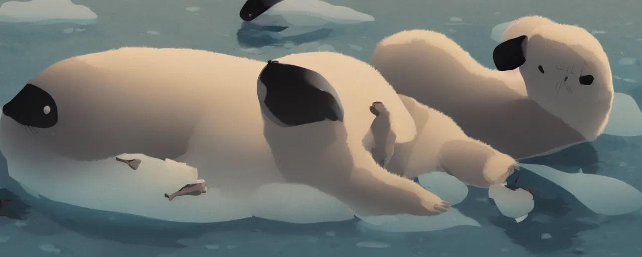 Prompt: a baby harp seal lying on ice looking worried, orcas in the water, atey ghailan, goro fujita, studio ghibli, rim light, ominous lighting, clear focus, very coherent,