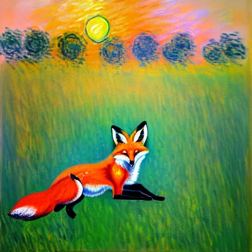 Prompt: a painting of a fox sitting in a field at sunrise in the style of Claude Monet