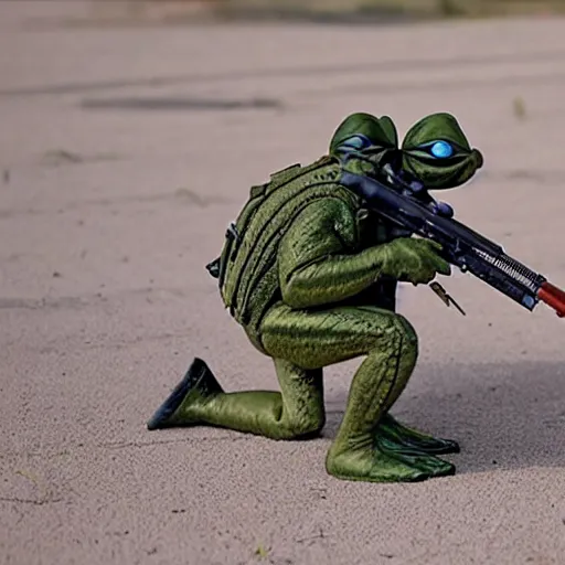 Prompt: a rare military frog equipped with rocket launcher and night vision target acquisition system, photo from