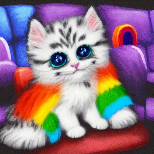 Image similar to wide angle full body, of a fluffy cute rainbow kitten wearing a black motorcycle jacket, concept art