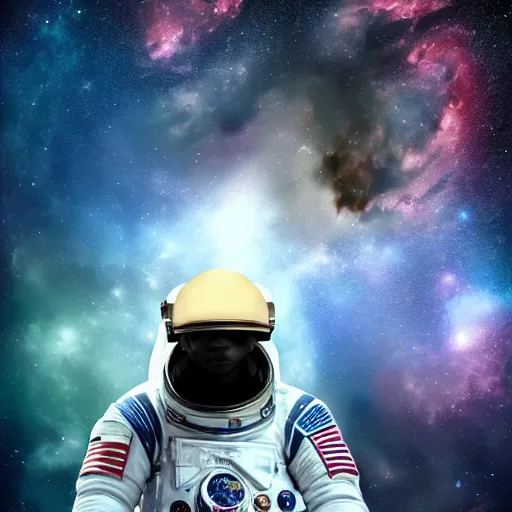 Prompt: a portrait of an african astronaut in the space with nebulae, realistic painting, high definition, digital art, matte painting, very detailed, realistic