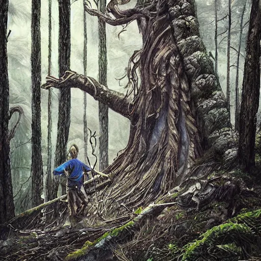 Prompt: a candid portrait of a giant cutting trees in the woods, atmospheric, highly detailed, fantasy painting, fairytale, fantasy, illustration by scott gustafson!!!