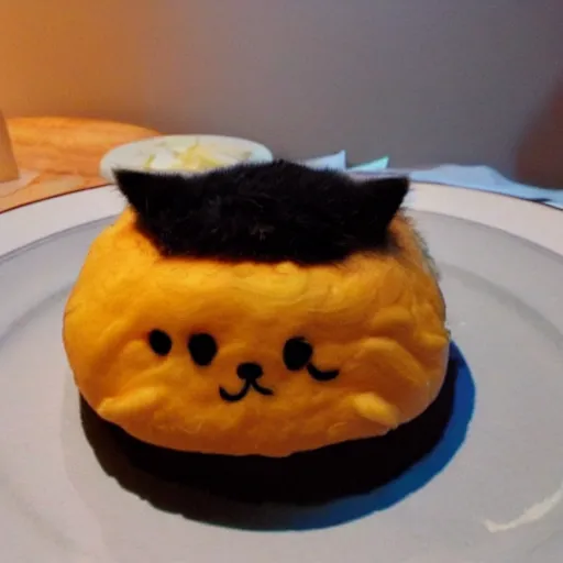 Prompt: Cat made out of cheese. The fur texture is swiss cheese. Droopy molten Camembert. Meow.