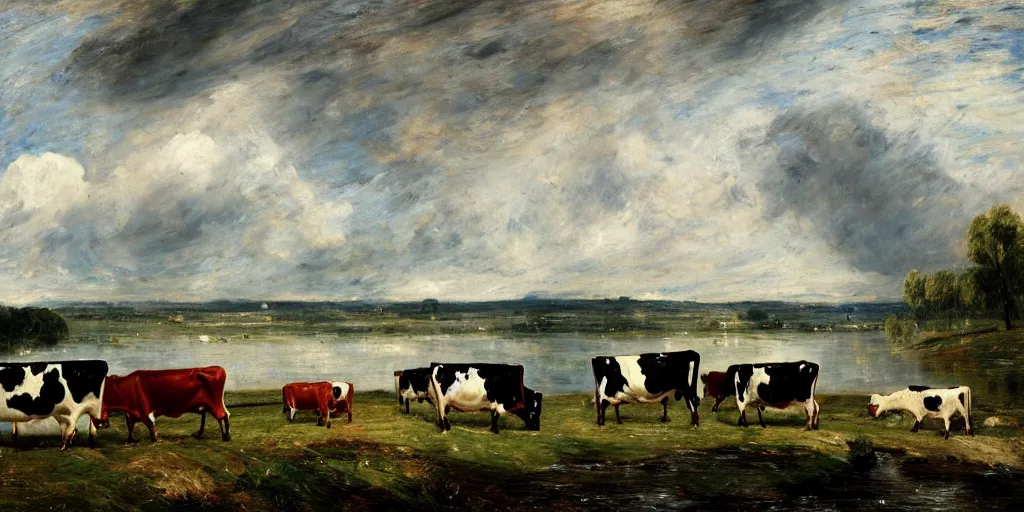 Prompt: Cows grazing near a lake by John Constable, 4k, trending on artstation
