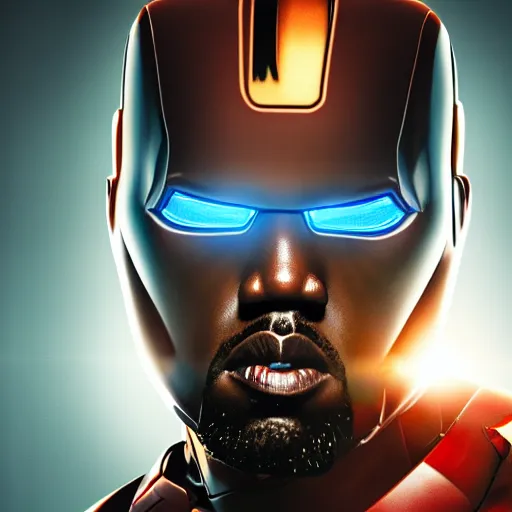 Image similar to Portrait of Kanye West in a Ironman-suit, splash art, movie still, cinematic lighting, dramatic, octane render, long lens, shallow depth of field, bokeh, anamorphic lens flare, 8k, hyper detailed, 35mm film grain