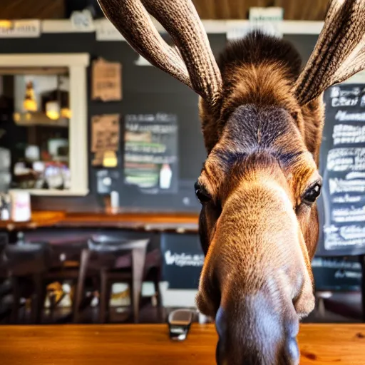 Image similar to a moose in a coffee shop in vermont, realistic, 8 k