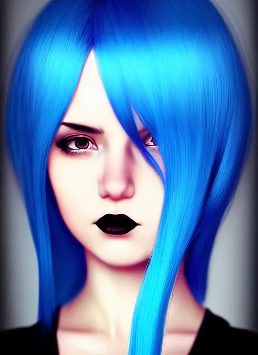 Image similar to hyper realistic photograph portrait of pretty girl with blue hair, wearing a little black dress, dramatic lighting by ilya kuvshinov