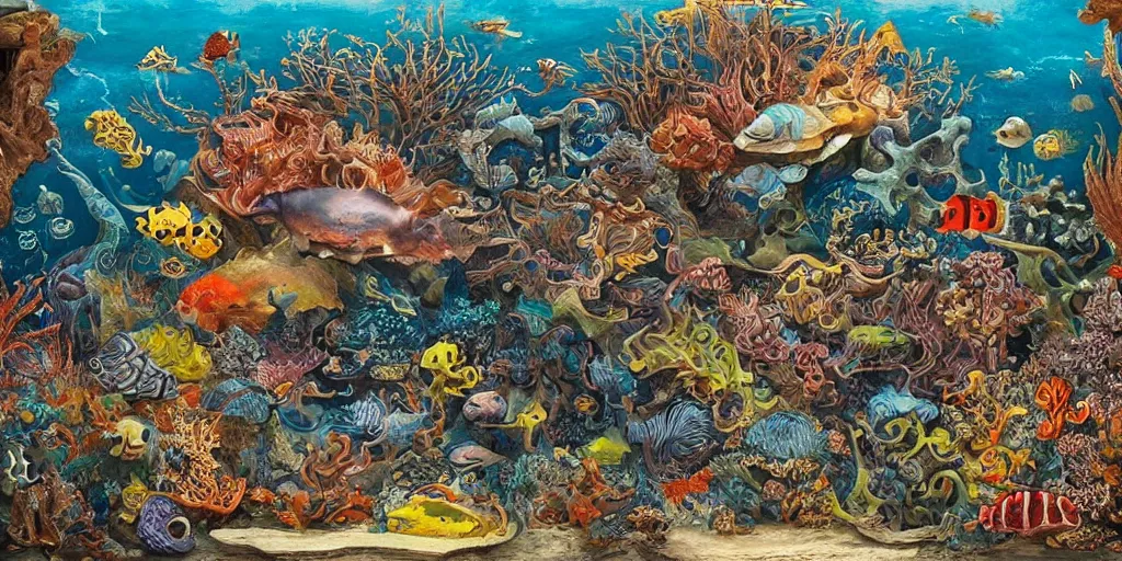 Image similar to exotic deep sea animal aquarium in the style of heironymus bosch, colorful intricate masterpiece, hyper detailed, hd