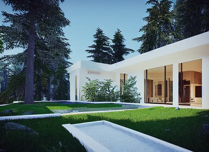 Prompt: “ large openings frame views of the villa's positioning amidst a fir - tree woodland, unreal engine 5 render, 8 k ”