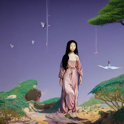 Image similar to beautiful oriental girl walks around Socotra among endemic plants and snags in a long transparent flowing dress and meets mystical animals, mystical insects, mystical birds, lizards, snakes, gorgeous, Atmosphere, hypnotic dimensions, mythology, Rococo, photorealism, in the style of Jin Kagetsu, James Jean and wlop, Valentin Serov style, hyperrealistic, sharp focus, intricate concept art, digital painting, ambient lighting, 4k, hdt, artstation trending on Gsociety, trending on ArtstationHQ, trending on deviantart, professionally post-processed, wide-angle action dynamic portraithyperdetailed, hyper quality, 16K