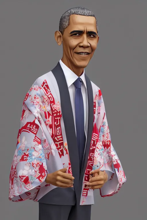 Prompt: full body 3d render of barack obama as an anime doll wearing a beautiful kimono, shinto shrine, blender, trending on artstation, 8k, highly detailed, bokeh, depth of field