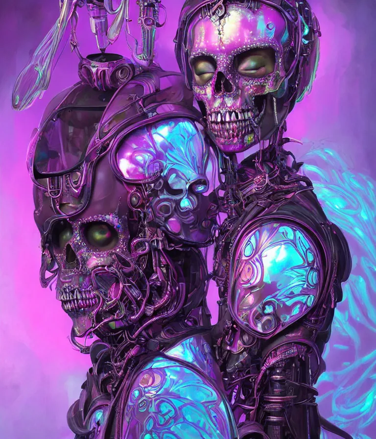 Image similar to fully symmetrical centered iridescent portrait of a beautiful princess of death in robe. skulls artificial muscles, ribcage, bones, hard surface modelling. cyberpunk look. biomechanical mask. bio luminescent biomechanical halo around head. neon jellyfish. artwork by jarold Sng by artgerm, by Eddie Mendoza, by Peter mohrbacher by tooth wu, unreal engine, octane render, cinematic light, high details, iridescent colors, dichroic, macro, depth of field, blur