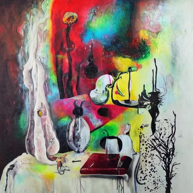 Image similar to “ surrealism, a portrait in a female art student ’ s apartment, mushrooms, sensual, art supplies, a candle dripping white wax, berry juice drips, acrylic and spray paint and oilstick on canvas, neoexpressionism ”