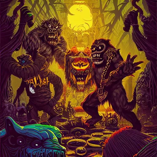 Prompt: barong family, wiwek, mara demon, one single tribe member, jungle, one single mask, dark, ancient warrior, stupid dump gorilla, tribal, inner glow, art by dan mumford and justin gerard