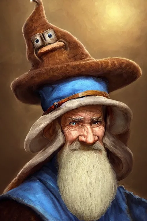 Image similar to a kind old wizard with a long white beard looking a confused with a chicken perched on top of his hat, brown wizard hat, blue robe, realistic, detailed, trending on ArtStation, by Tony Sart