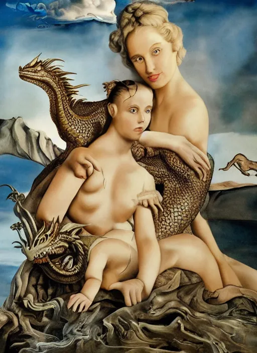 Prompt: danerys stormborn with her dragon babies, by salvador dali, detailed matte painting, 8 k resolution