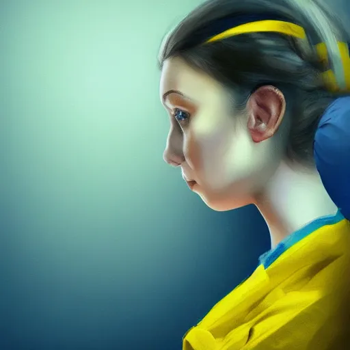 Image similar to ukrainian girl, in blue and yellow clothes, watching war, concept art, trending on artstation, highly detailed, intricate, sharp focus, digital art, 8 k