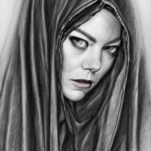 Image similar to hyper realistic pencil drawing of emma stone full body portrait, water color, as an eldritch princess, cloak, fantasy, dark, stunning, detail, sharp