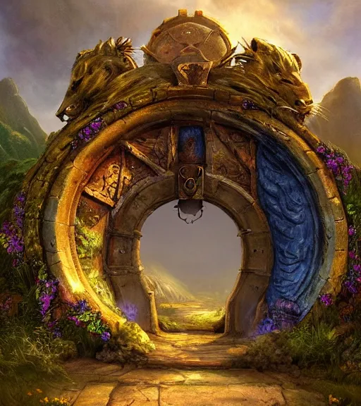 Prompt: A giant medieval fantasy blue energy portal gate with a rusty gold carved lion face at the center of it, the portal takes you to another world, full of colorful flowers on the lost Vibes and mountains in the background, spring, delicate fog, sea breeze rises in the air, by andreas rocha and john howe, and Martin Johnson Heade, featured on artstation, featured on behance, golden ratio, ultrawide angle, f32, well composed, rule of thirds, center spotlight, low angle view-W 1024