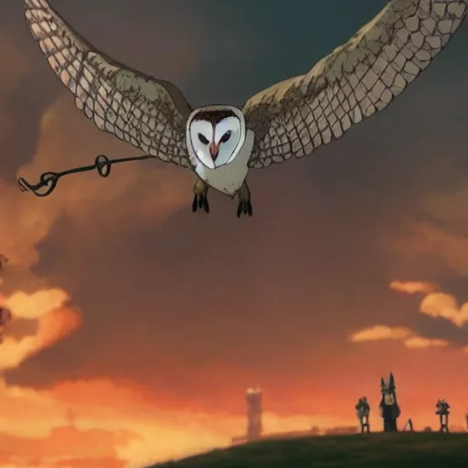 Image similar to a shot of a barn owl in a suit in howl's moving castle movie, movie shot, anime, hightly detailed, rescalated 4 k, detailed