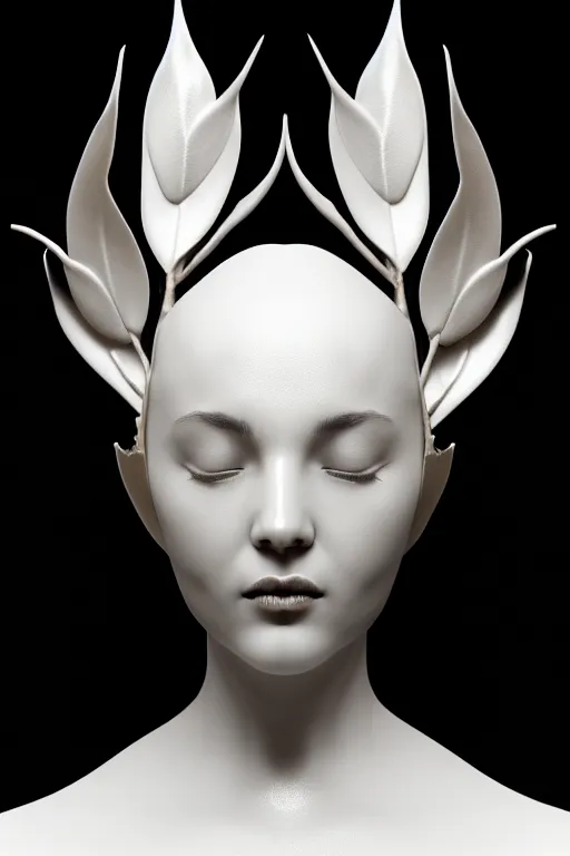 Image similar to monochrome close - up profile face, black background, beautiful young porcelain vegetal - dragon - cyborg - female, 1 5 0 mm, beautiful natural soft rim light, silver gold details, magnolia leaves and stems, roots, mandelbot fractal, elegant, hyper real, ultra detailed, white metallic armour, octane render, 1 6 k